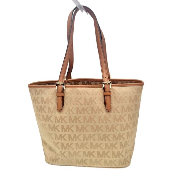 Michael Kors Tan Canvas Monogram Signature Shoulder Bag Tote Purse - Picture 4 of 10